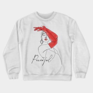 Fashion illustration of a woman with red gloves and the word powerful Crewneck Sweatshirt